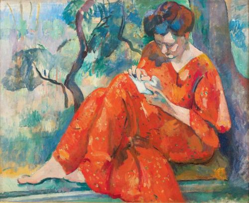 salantami:Henri Manguin La couseuse à la robe rouge, Jeanne, detail  -  1907