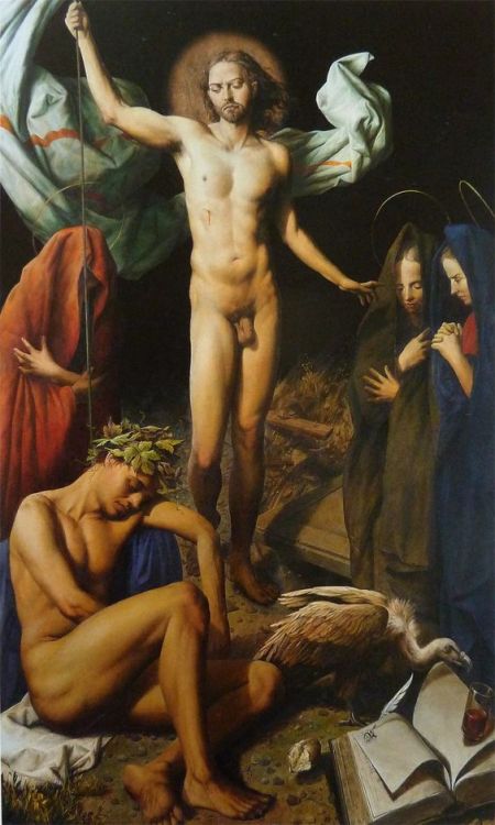nudemeninart: (via https://s-media-cache-ak0.pinimg.com/564x/08/b6/ea/08b6ea6cc0d1cb12bc666001038d8c76.jpg)   “La Résurrection du Christ” par  Michael Triegel        Peintre allemand né en 1968. Sous les allures d'un maître de la Renaissance