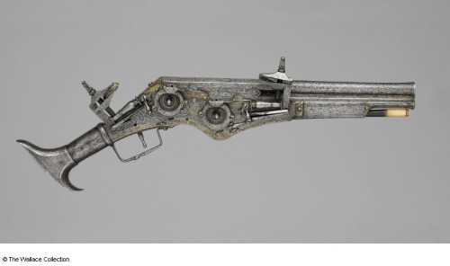 Double barrel wheel-lock pistol by Peter Daner and Gregor Birckholzer of Nuremburg, Germany.  Dated 