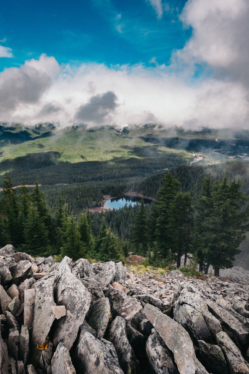 thomaslawn: View of Mirror Lake, with Mt. Hood hidden by fog, from Tom Dick and Harry Mountain. It&r