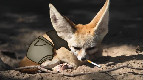 an image of a fennec fox laying down on the ground. Jennas clothes are drawn over the fox as well as a cigarette being edited into her mouth.