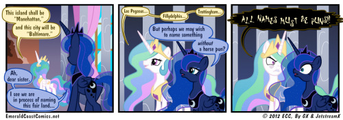 askpun:  Some of you have asked why all the place names in Equestria are puns. This little slice of history, brought to you by Horse Power, should enlighten you! Their comic updates weekly, so go check them out!