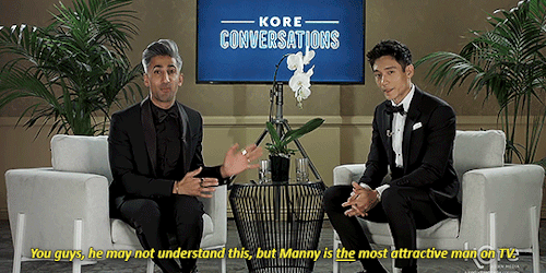ohjustletmewriteinpeace:  turnabout:  misshoneywheeler:  zot5: “It’s a fact, guys.” – Kore Conversations: Tan France and Manny Jacinto Oblig:  LITERALLY THE CUTEST INTERVIEW  it was this pic that Lin-Manuel saw and honestly I nearly said the same