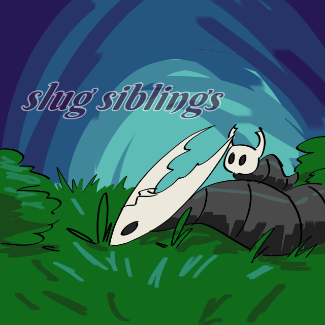 A colored digital drawing of Ghost sitting on top of the Hollow Knight, both using Shape of Unn to be slugs. Transparent text reads "slug siblings" next to them.