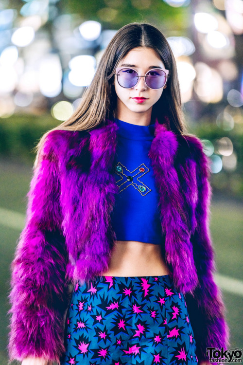15-year-old Japanese model Jaycee on the street in Harajuku wearing a vintage purple faux fur jacket