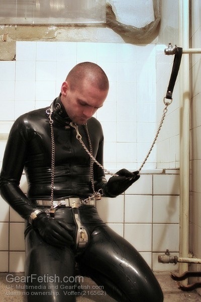 bootbrushpup:  Encased, restrained, transformed - and left to contemplate his new life… 