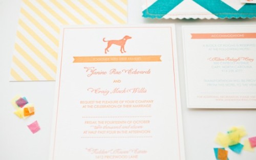 Chevron stripes and a fabric pocket wedding invitations from Janine Rae Design.