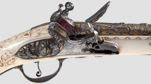 Extremely ornate flintlock pistol with ivory stock originating from St. Etienne, France, mid 18th ce