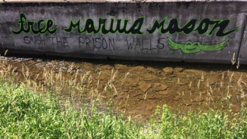 Graffiti found in Ithaca, NY along Cascadilla Creek.Written in solidarity with Marius Mason and all 