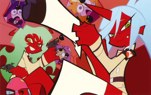 artbooksnat:Illustration production art for sisters Scanty and Kneesocks from the animation Panty &a