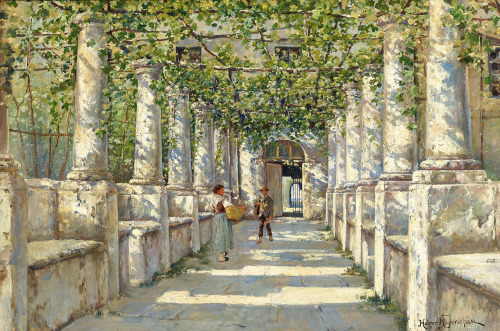 Holger Hvitfeldt Jerichau (1861 - 1900) - An Encounter in an Italian Pergola c.1879-1900. Oil on can