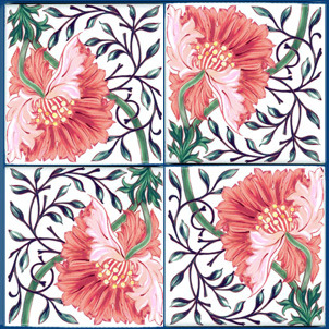 Top: Poppy tiles installed in a fireplace at Emery Walker House, Hammersmith Bottom: Featured Tiles 