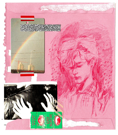 artcoven:  april skies coloured pencil and collage on the back of an envelope, may 2015