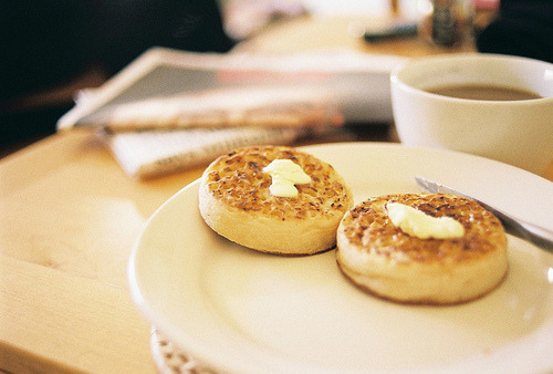:Toasted crumpets and tea. (source)