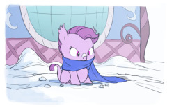 carniscorner:  First snow. Being half dragon, Lavender is less likely to get sick from cold, but Rarity insists she at least wear a scarf.  X3 D'aww~ &lt;3