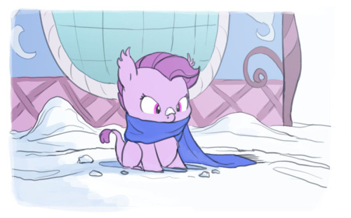 carniscorner:  First snow. Being half dragon, Lavender is less likely to get sick from cold, but Rarity insists she at least wear a scarf.  X3 D'aww~ <3