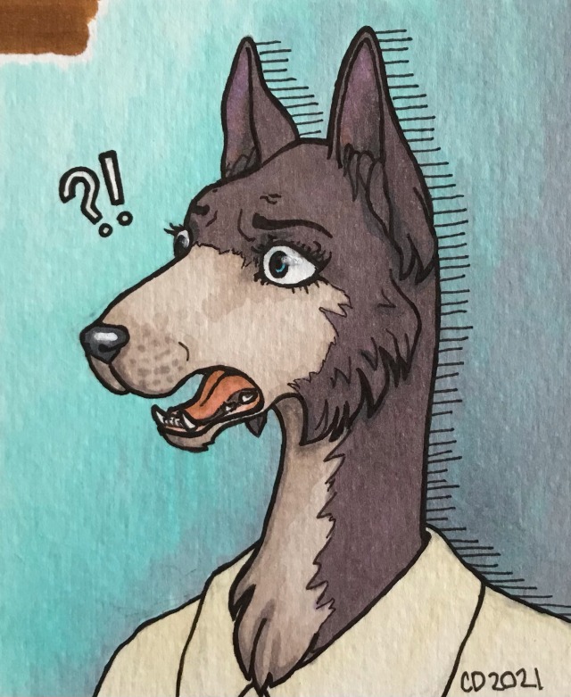 bust drawing of juno from beastars finished in pen and alcohol marker. she is facing left looking shocked and unhappy.