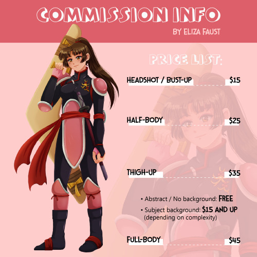 Hello! I’m still available for commissions, so this is my price list and details informat