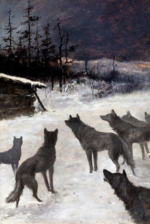 aqua-regia009:  The Wolves, oil on board.— E. T. Merrill (American, 20th Century)