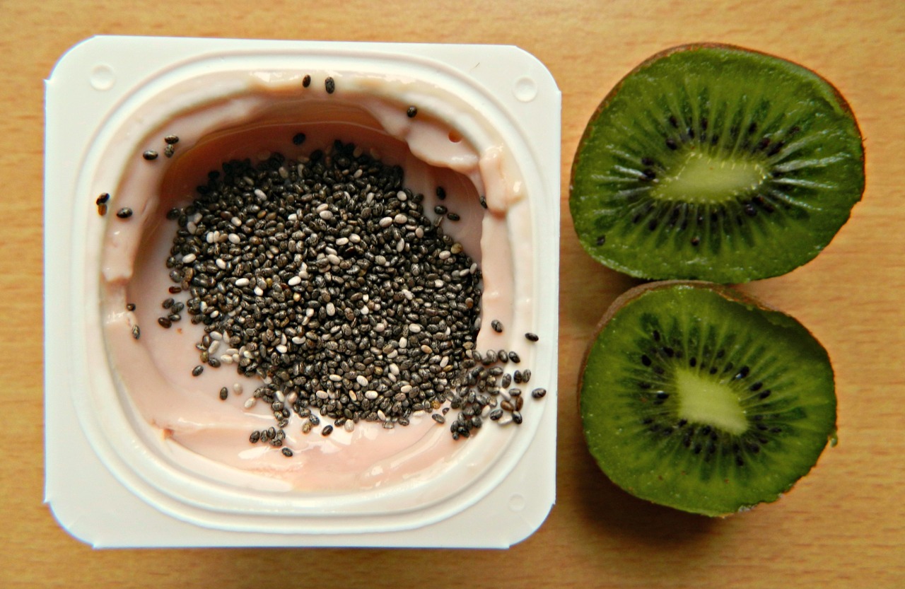 One of my favourite snacks - strawberry and banana soya yoghurt with chia seeds and a kiwi. :)