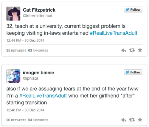 micdotcom:  These powerful #RealLiveTransAdult tweets are showing trans youth, you’re not alone   Heartbroken by reports of Leelah Alcorn’s suicide, Oakland-based comedian Red Durkin started the hashtag #RealLiveTransAdult. Durkin told Mic that she