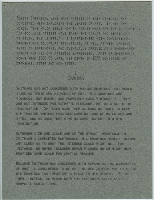 Label from our 1976 exhibition of work by Robert Smithson, Mirror/Salt Works