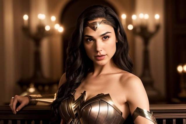 Gal Gadot dans une belle armure noire et or.