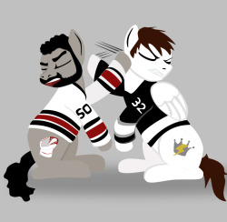 mylittleblackhawk:  even though the real life counterparts didn’t drop the gloves we can at least see Pony Crow and Quickasus goalie fight….adorably. 