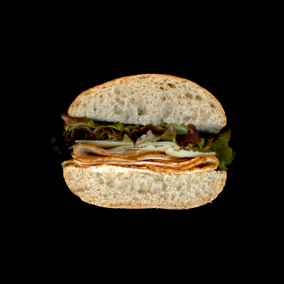 Roasted chicken, raw cow’s milk cheese, mayo, red lettuce, on a roll