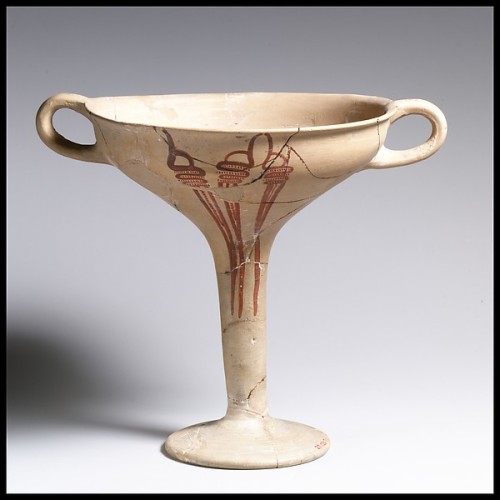 ancientpeoples:  Terracotta Kylix (tall drinking cup) 18.5cm high and 16.6cm in diameter ( 7 5/16 x6 9/16 inch.) Mycenaean culture, Late Helladic IIIB Period, ca. 1300–1190 BC.Source: Metropolitan Museum