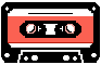 Pixel art of a black cassette with a red and white label