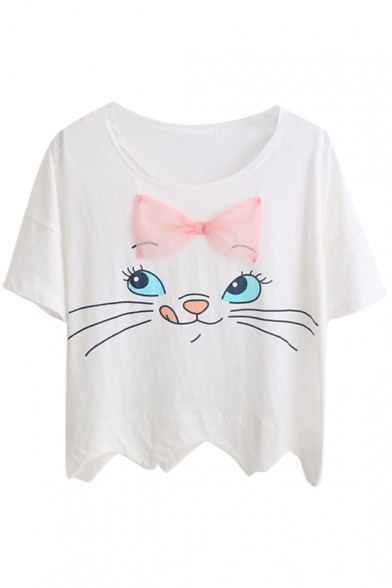 coffee-and-wood:    White Cat with Bow Scalloped Hem T-Shirt  