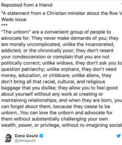 neko-cat-sume:The full post reads: “The unborn” are a convenient group of people to advocate for. Th