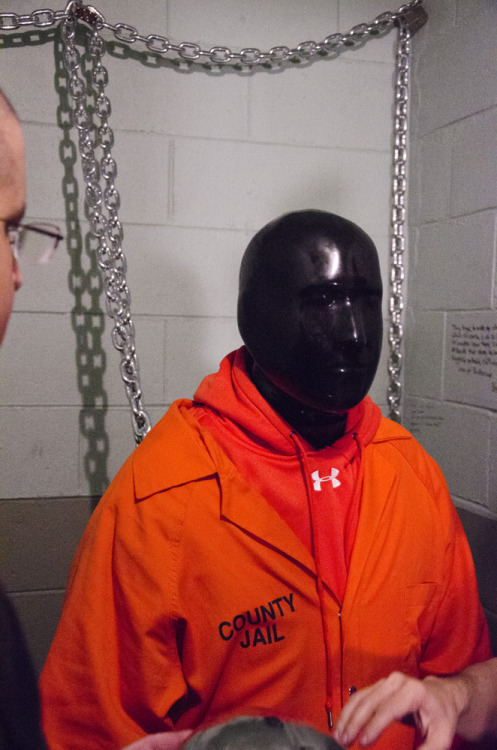 wired4funspike:

Anti-Coronavirus-Boredom treatment #3: From February 2015 -  During my first visit to Rawk Correctional Facility (now out of business), Officers Hawk and Rob first had me in full rubber under my orange prison jumpsuit.  Then they bolted a steel helmet over the rubber hood, slipped the orange hood over the steel helmet, next chained me to the wall of the cell, then finally locked the door to my cell so I might contemplate the error of my ways.


Geil 