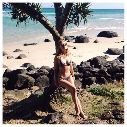 Soaking up the sun ☼ Zoe wears our midnight tropic triangle top and cheeky bottoms designed and made in Australia #castaway #castawaylabel  (at www.castawaylabel.com)