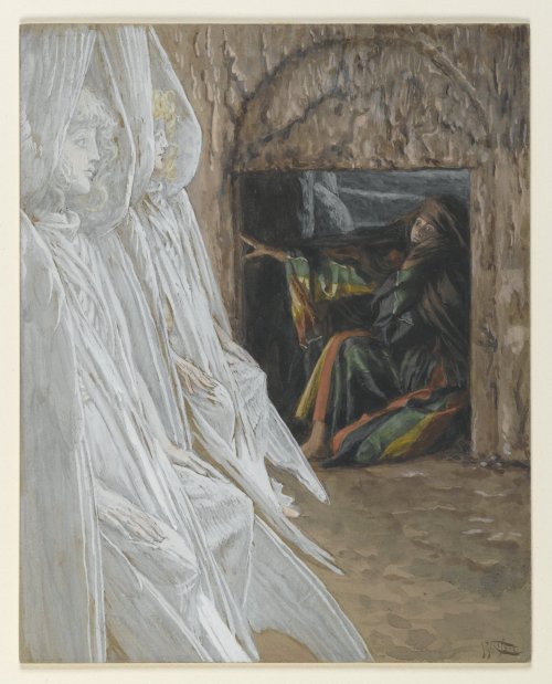 artist-tissot:Mary Magdalene Questions the Angels in the Tomb (Madeleine dans le tombeau interroge l