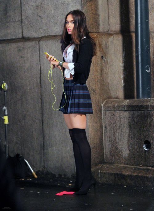meganfoxisgorgeous: Megan Fox in a sexy school girl outfit with thigh highs and high heels on TMNT s