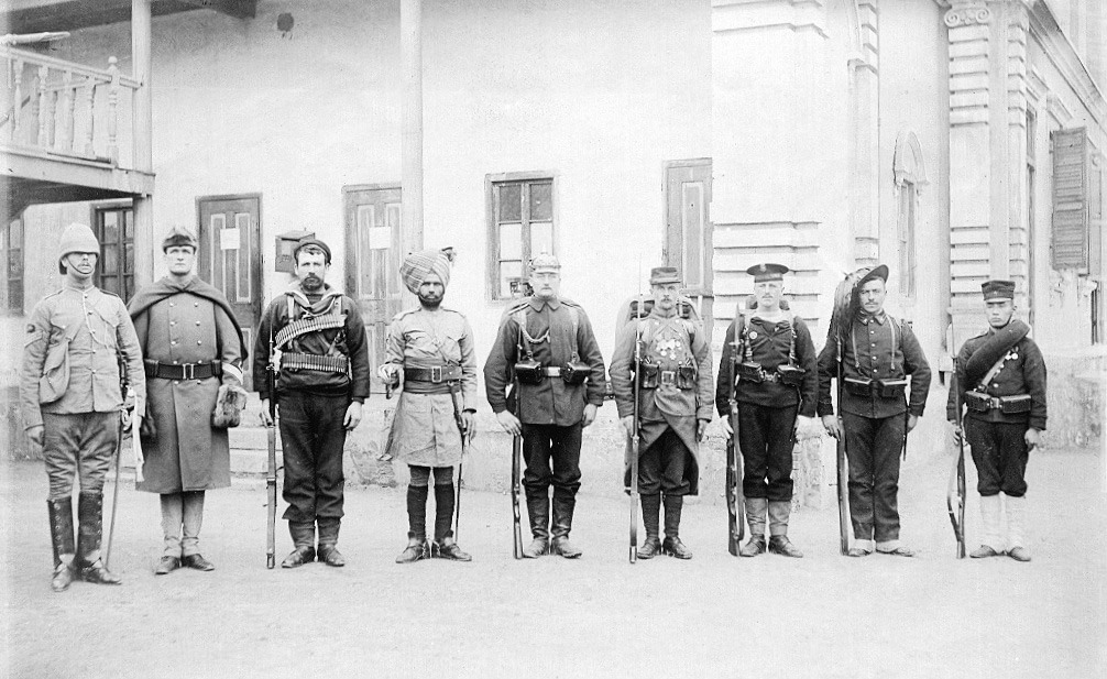 Troops of the Eight nations alliance in 1900.Left to right: Britain, United States,