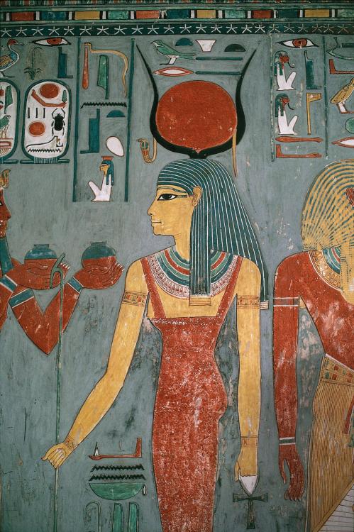 Image of Goddess IsisDetail of a wall painting depicts the mother goddess Isis, wears a headress of 