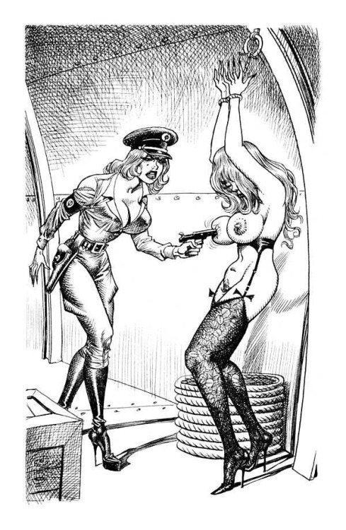 Girl captive with a scary guard.
