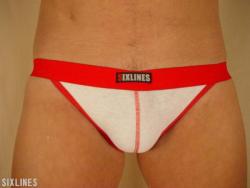 seriousunderwearcollectors:  FRONT &amp; REAR WHITE WITH RED TRIM LOW RISE SIXLINES BIKINI BRIEF