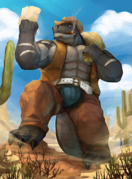 Commission done for  Dribbles16 of his bounty hunter t-rex Flint~ He is a big gentle t-rex but 