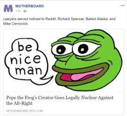 barackobottombitch23: doomfistsbabymama:  catbountry:  diarrheaworldstarhiphop:  &gt;reddit gets sued for Pepe the frog  Holy Fuck lol I cant stopp laughfing  WHAT IS HAPPENING   The man is working actively to take back his creation from alt righters