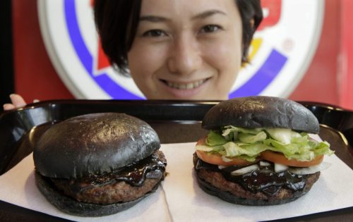 sixpenceee:  Burger King Japan is sporting an all-black burger, including the buns. The Kuro Burger has bread and cheese, both blackened by bamboo charcoal, and a special sauce made from squid ink.
