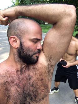 Hairy chest, legs,Beard and Mustache.