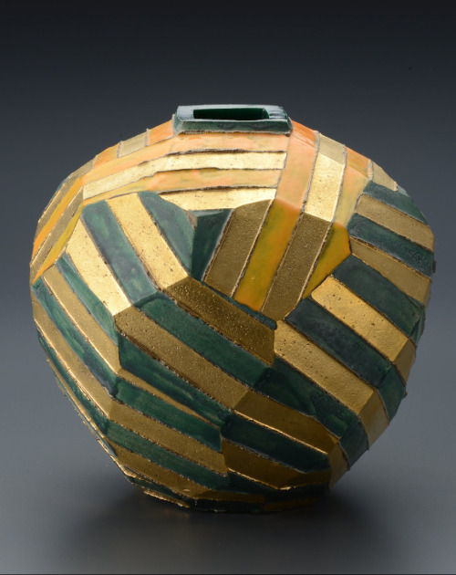 Seto Hiroshi (1941-2014), Jar with orange, green and gold lines Mashiko Museum of Ceramic Art