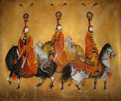 Mongolian ladies on horseback by Zaya