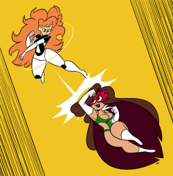 chillguydraws: My commission from @jmdurden My super gal, Sara Phym, facing off against his own, Salvadora, in friendly combat. Thanks for the commish!  cuties &lt;3