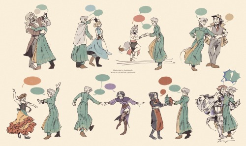 A digital illustration of Temenos from Octopath Traveler II dancing with the other travelers and Crick. Each dance is of a distinct style and everyone is happily doing so with a joyous expression.
The dances depicted are listed below:
Osvald: Ballroom
Castti: Tarantella
Ochette: Tinikiling
Partitio: Square
Agnea: Sevillana
Thronรฉ: Scotch reel
Hikari: Shibu
Crick: Tap/Swing