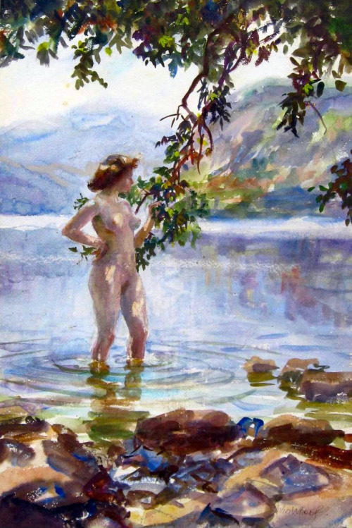 bellsofsaintclements: “Nude mountain pool” by American artist John Whorf (1903-1959).